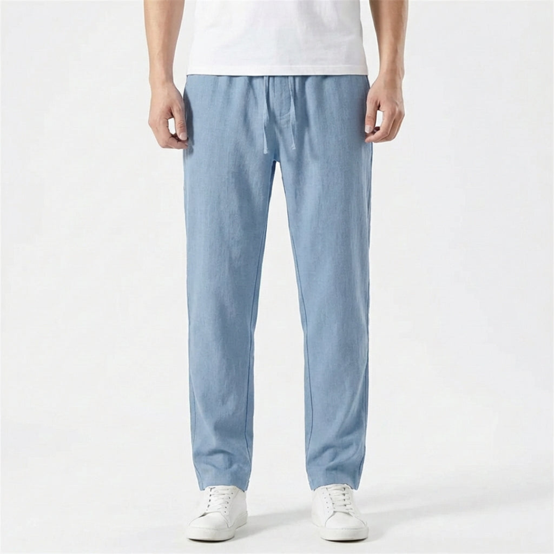George | Men Linen Trousers Drawstring Waist Elasticated Waistband Straight Leg Side Pockets