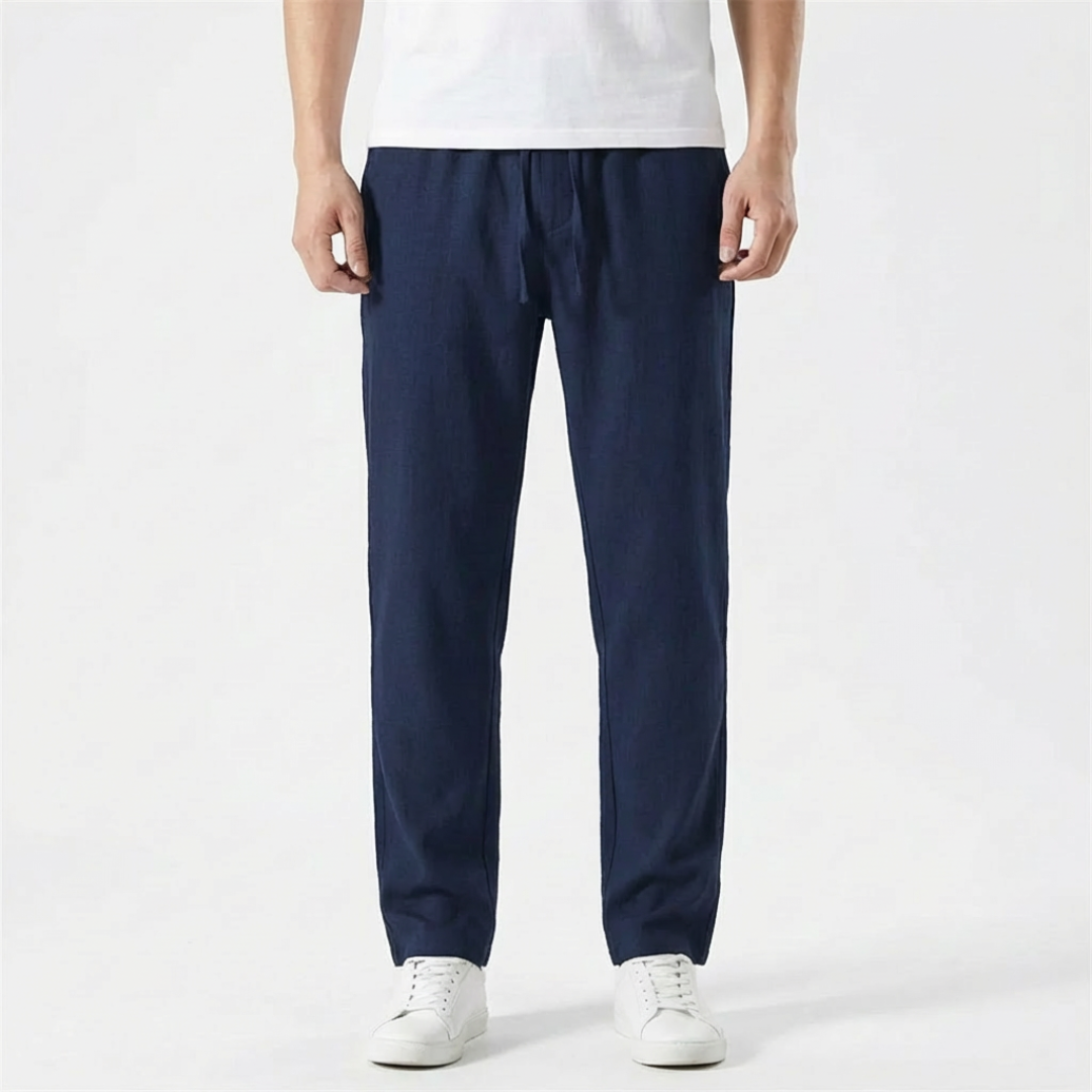 George | Men Linen Trousers Drawstring Waist Elasticated Waistband Straight Leg Side Pockets