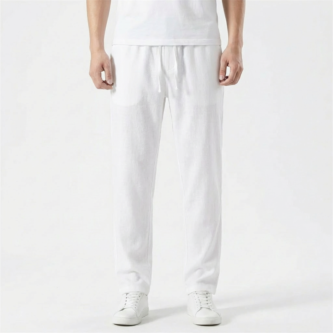 George | Men Linen Trousers Drawstring Waist Elasticated Waistband Straight Leg Side Pockets