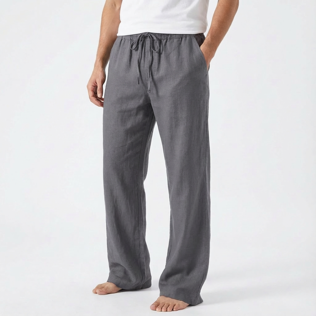 James | Men Linen Trousers Wide Leg Drawstring Waist Elasticated Waistband Side Pockets