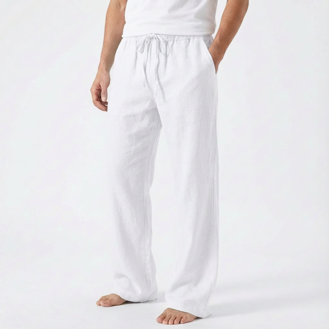 James | Men Linen Trousers Wide Leg Drawstring Waist Elasticated Waistband Side Pockets