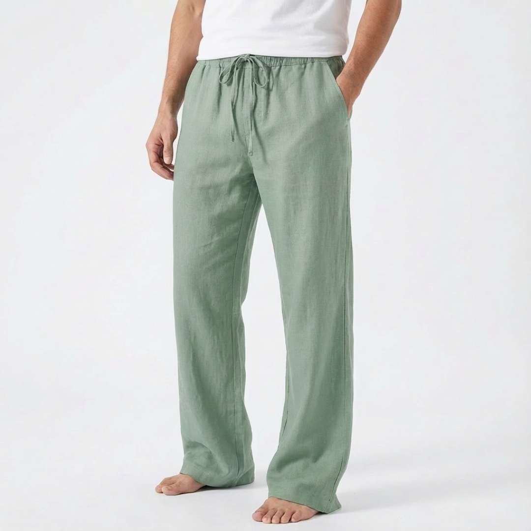 James | Men Linen Trousers Wide Leg Drawstring Waist Elasticated Waistband Side Pockets