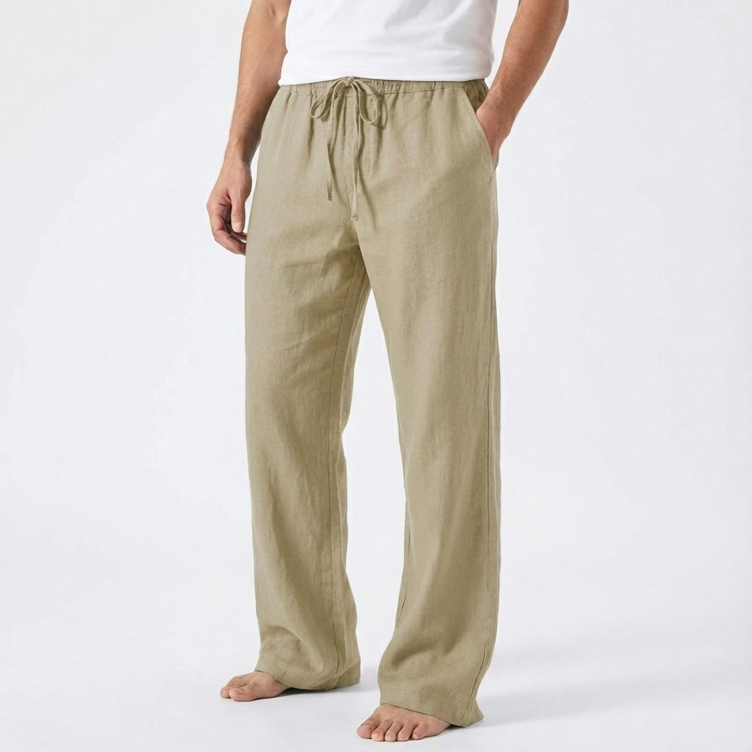 James | Men Linen Trousers Wide Leg Drawstring Waist Elasticated Waistband Side Pockets