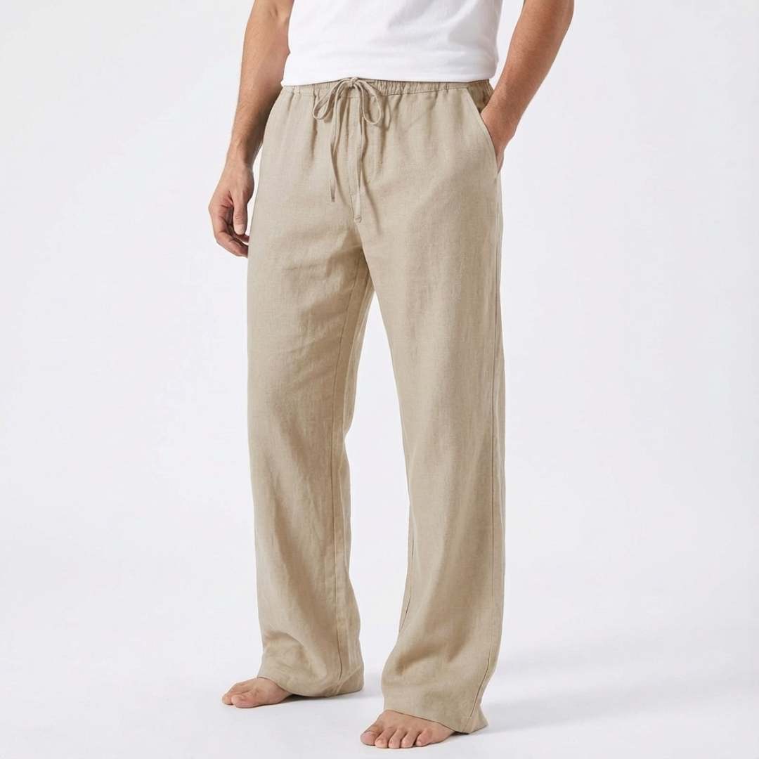 James | Men Linen Trousers Wide Leg Drawstring Waist Elasticated Waistband Side Pockets