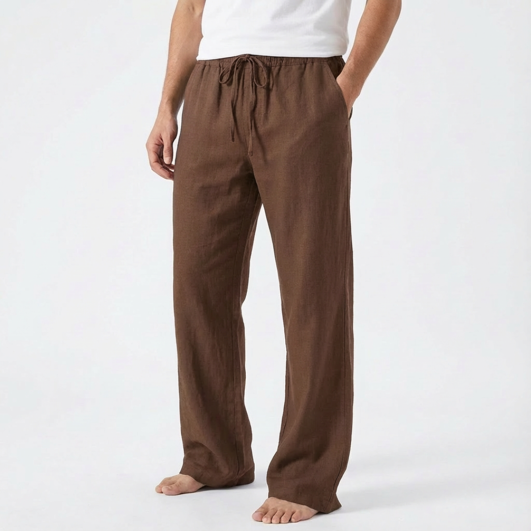 James | Men Linen Trousers Wide Leg Drawstring Waist Elasticated Waistband Side Pockets