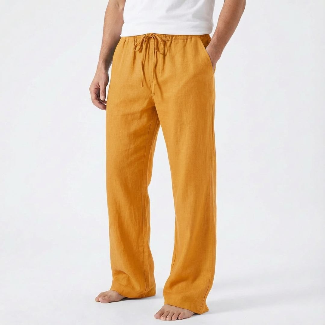 James | Men Linen Trousers Wide Leg Drawstring Waist Elasticated Waistband Side Pockets