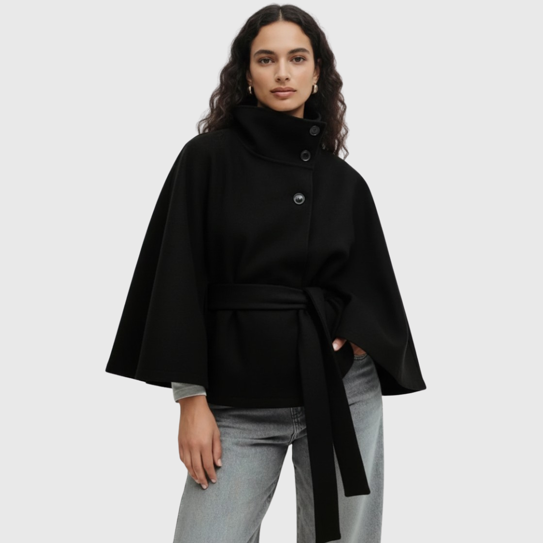 Amelia | Women Spring Coat Cropped High Neck Tie Belt Cape Sleeves