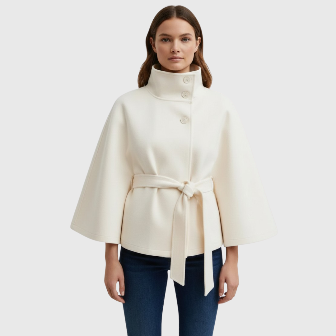 Amelia | Women Spring Coat Cropped High Neck Tie Belt Cape Sleeves