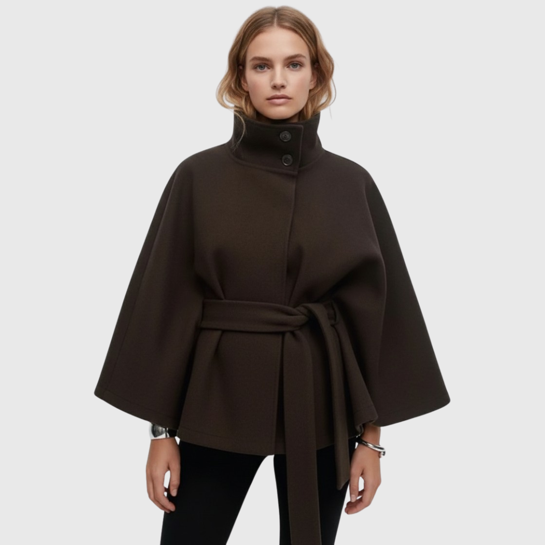 Amelia | Women Spring Coat Cropped High Neck Tie Belt Cape Sleeves