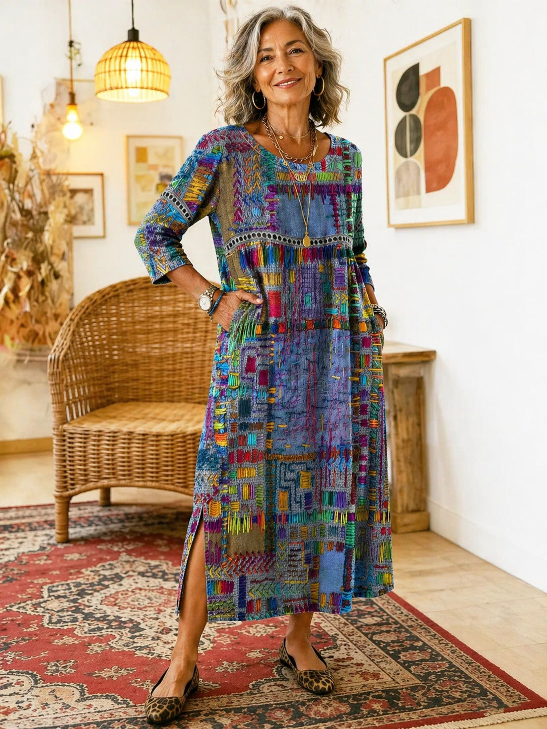 Ágnes | Alkalmi Maxi Ruha Női Hosszú Ujjú Patchwork Mintás