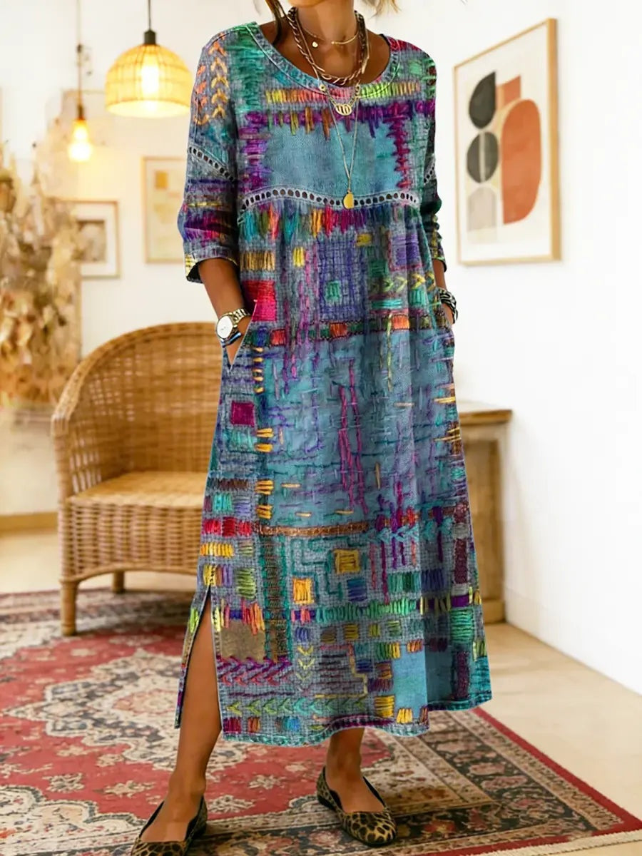 Ágnes | Alkalmi Maxi Ruha Női Hosszú Ujjú Patchwork Mintás