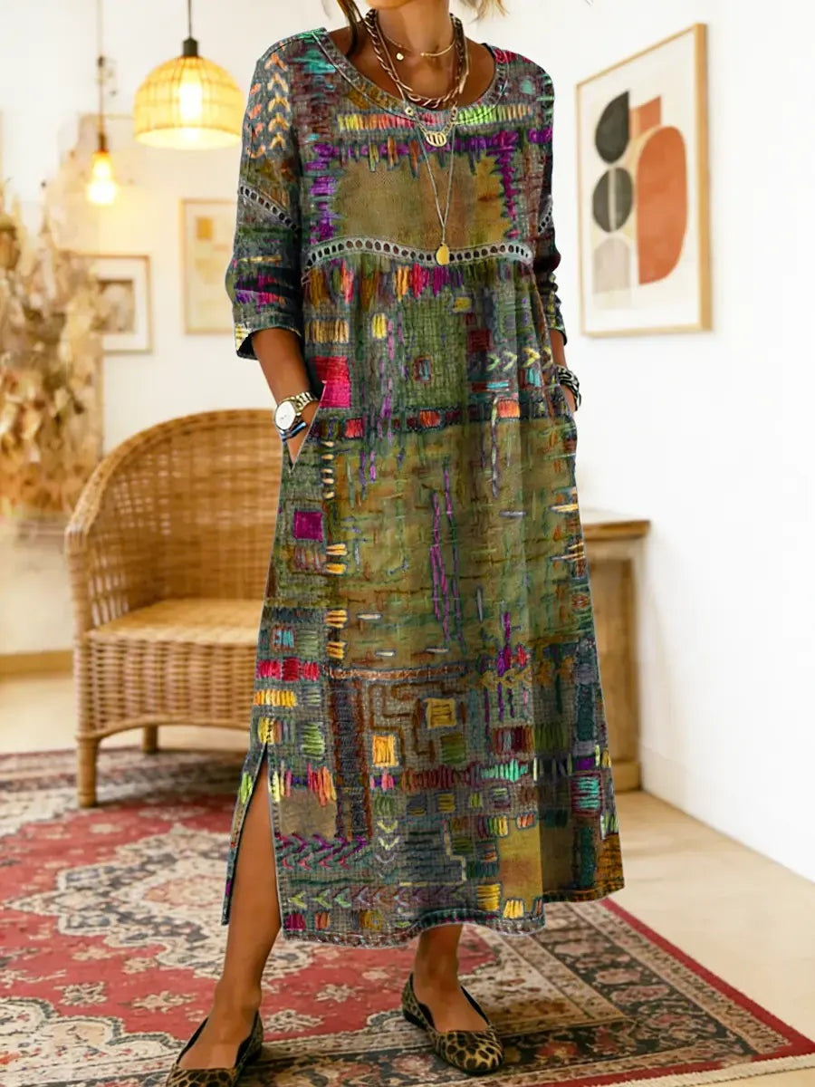 Ágnes | Alkalmi Maxi Ruha Női Hosszú Ujjú Patchwork Mintás