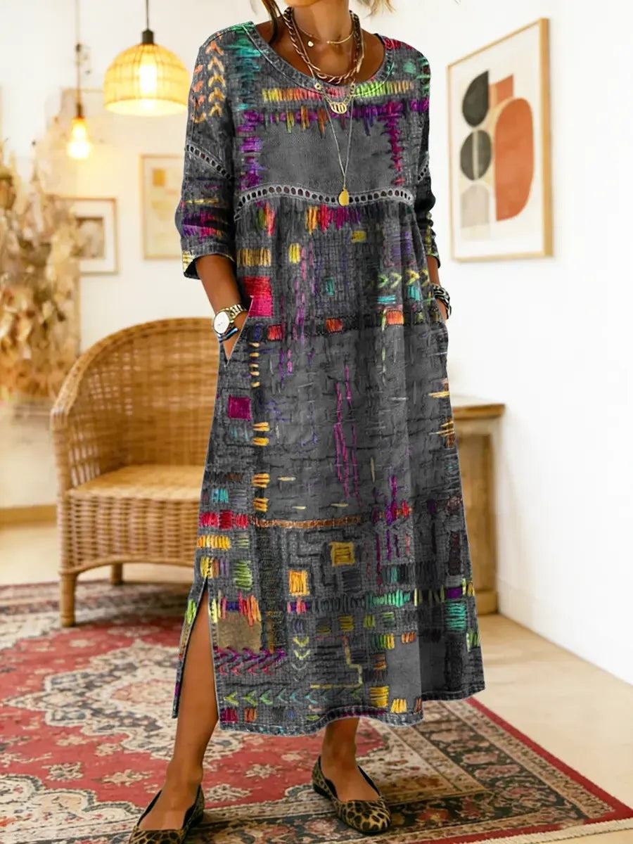 Ágnes | Alkalmi Maxi Ruha Női Hosszú Ujjú Patchwork Mintás