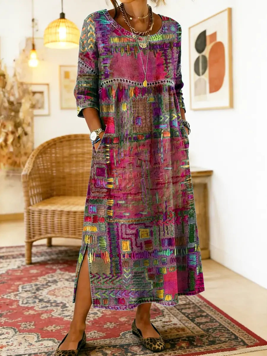 Ágnes | Alkalmi Maxi Ruha Női Hosszú Ujjú Patchwork Mintás