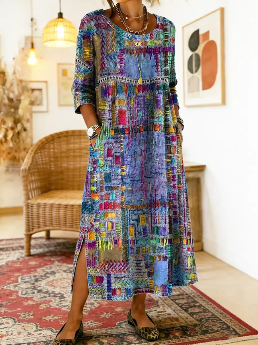 Ágnes | Alkalmi Maxi Ruha Női Hosszú Ujjú Patchwork Mintás
