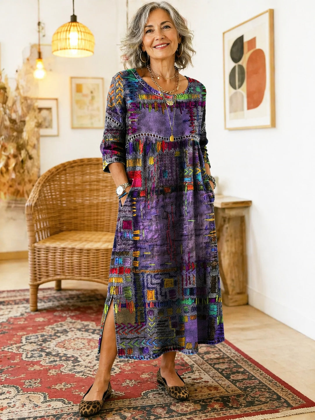 Ágnes | Alkalmi Maxi Ruha Női Hosszú Ujjú Patchwork Mintás