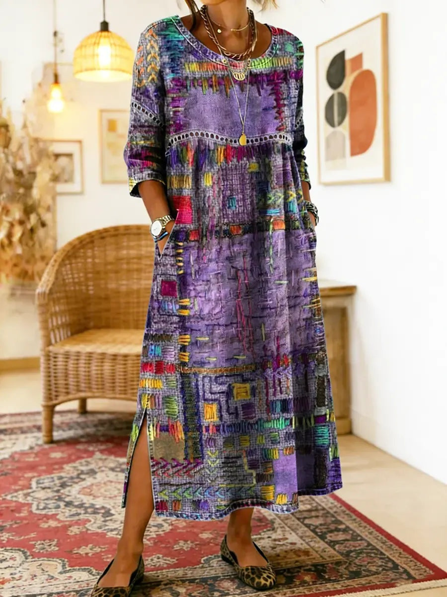 Ágnes | Alkalmi Maxi Ruha Női Hosszú Ujjú Patchwork Mintás
