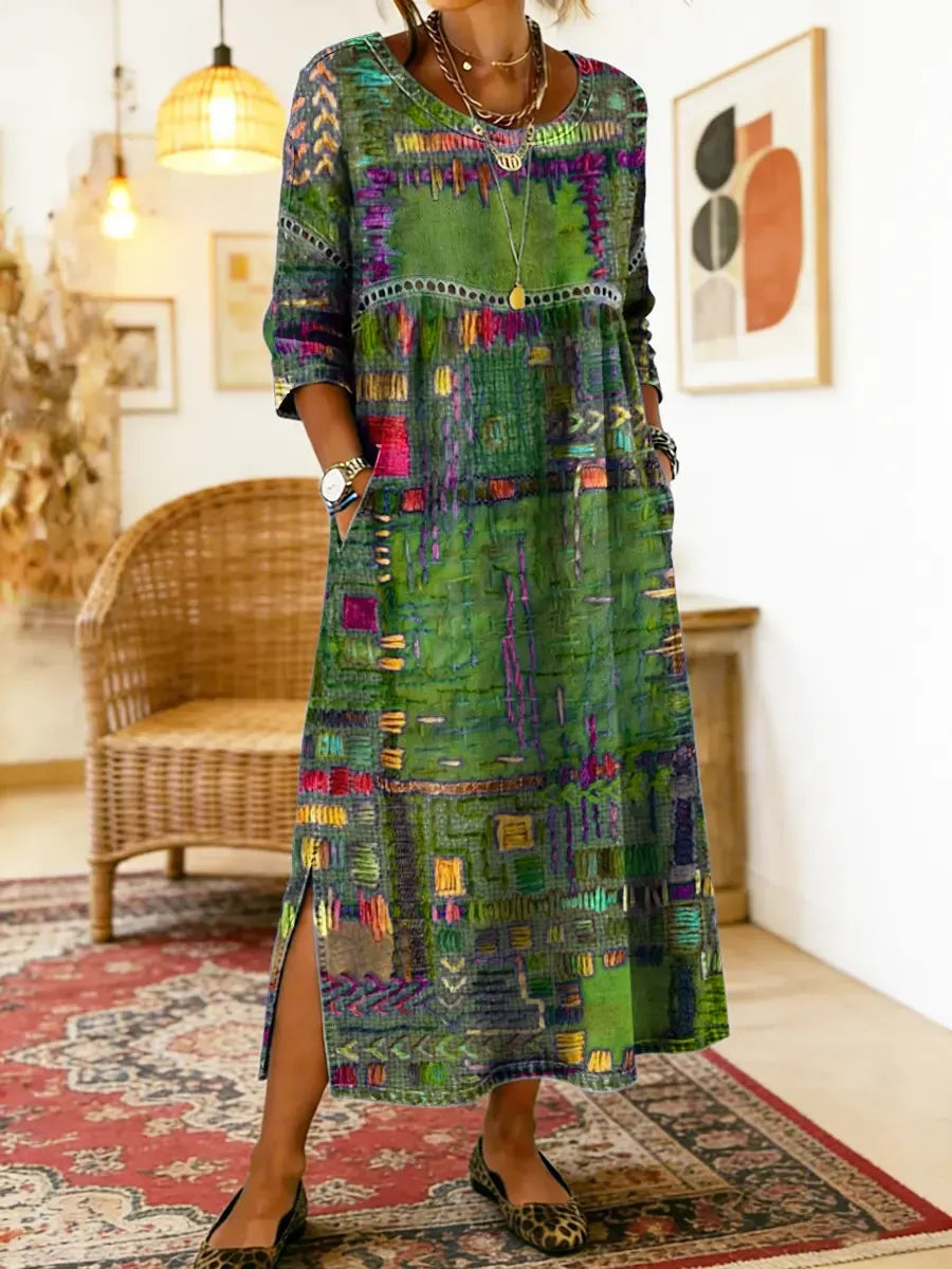 Ágnes | Alkalmi Maxi Ruha Női Hosszú Ujjú Patchwork Mintás
