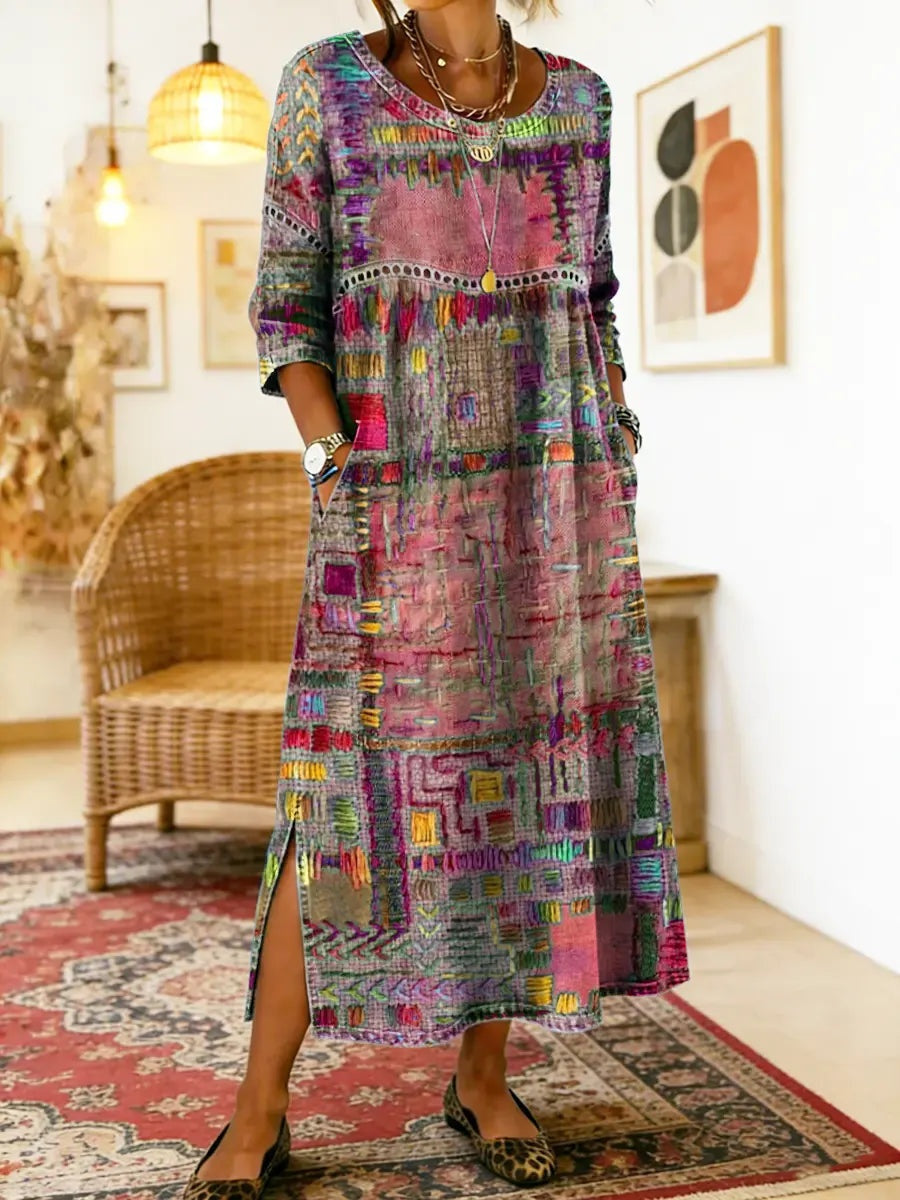 Ágnes | Alkalmi Maxi Ruha Női Hosszú Ujjú Patchwork Mintás
