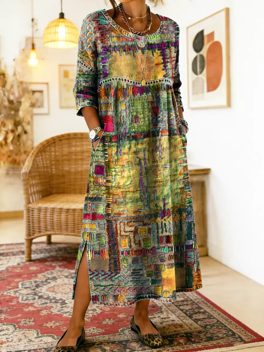 Ágnes | Alkalmi Maxi Ruha Női Hosszú Ujjú Patchwork Mintás