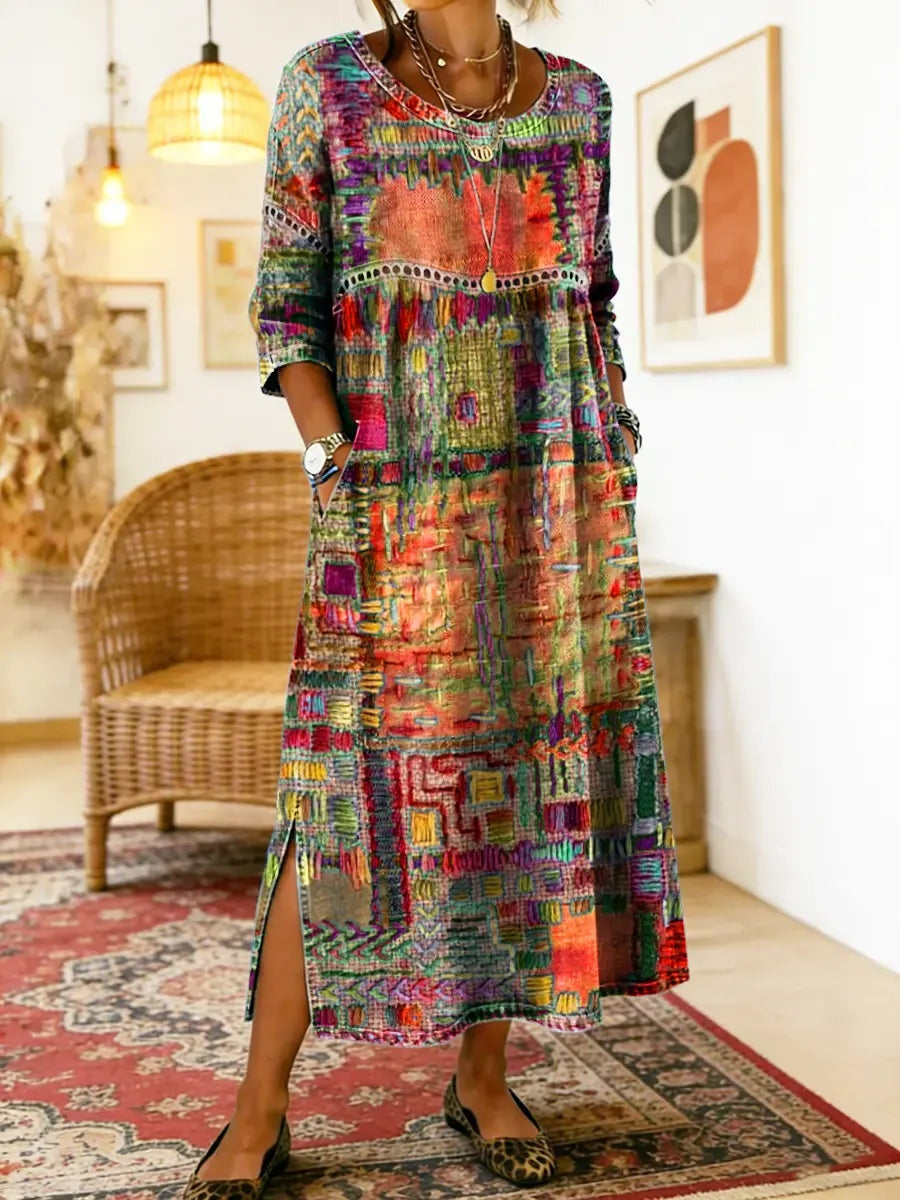 Ágnes | Alkalmi Maxi Ruha Női Hosszú Ujjú Patchwork Mintás