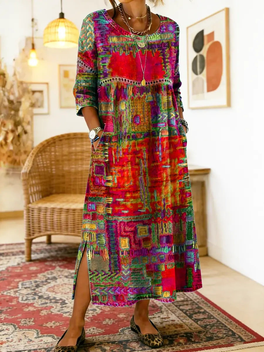 Ágnes | Alkalmi Maxi Ruha Női Hosszú Ujjú Patchwork Mintás
