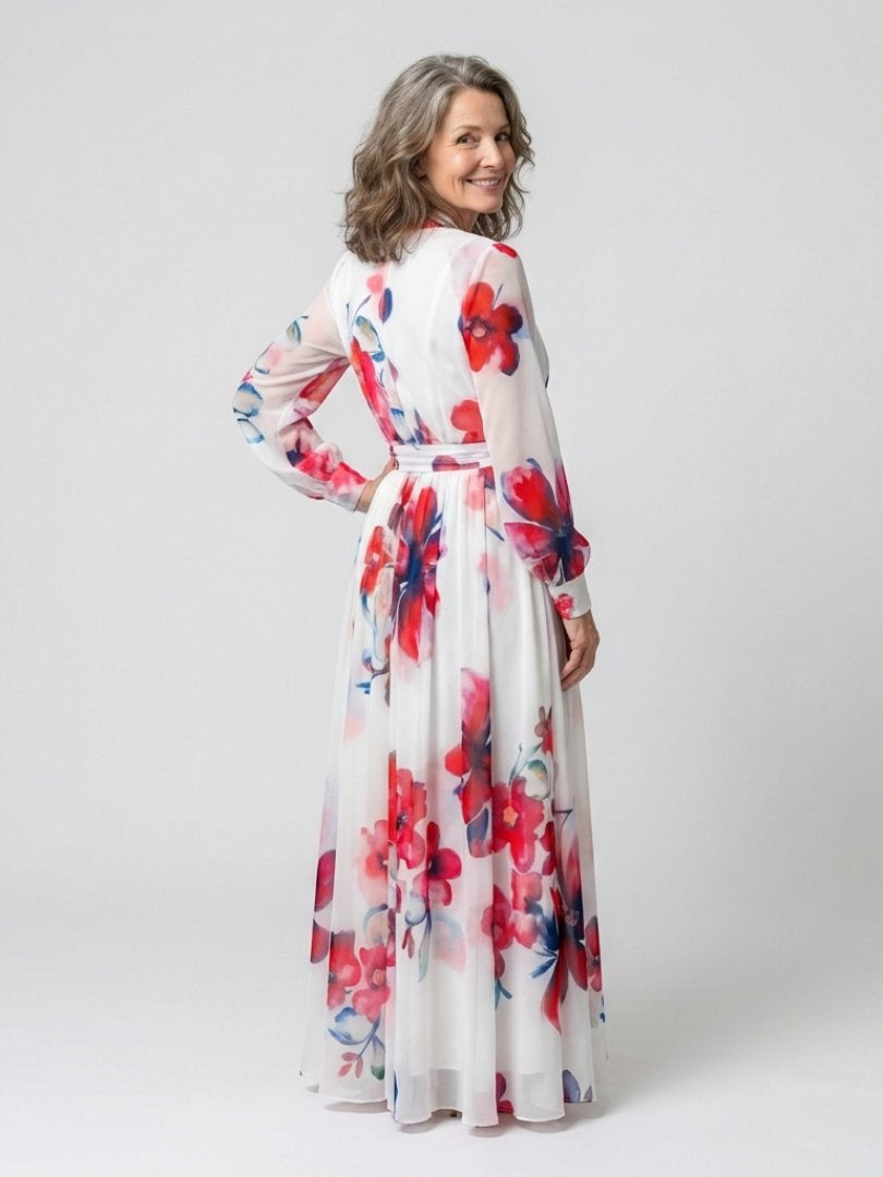 Ágnes | Alkalmi Maxi Ruha Női Virágmintás Hosszú Ujjú Chiffon