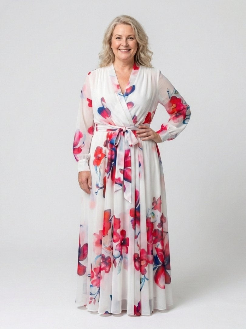 Ágnes | Alkalmi Maxi Ruha Női Virágmintás Hosszú Ujjú Chiffon