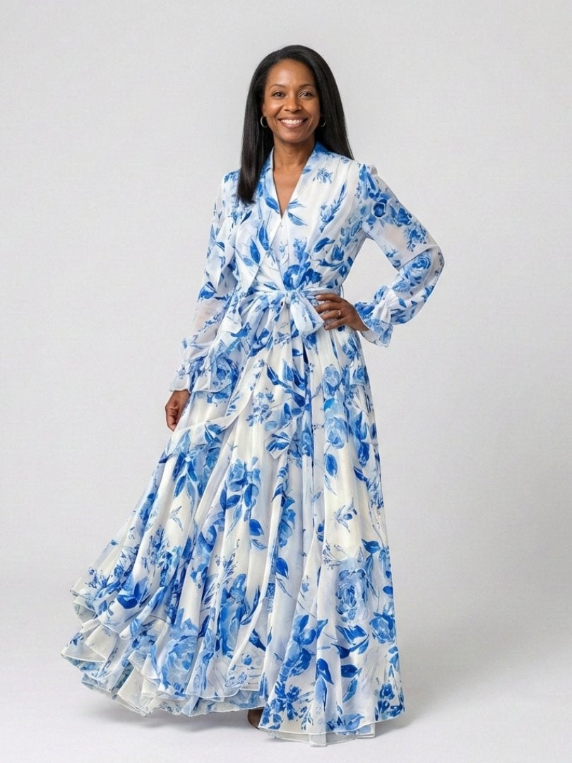 Ágnes | Alkalmi Maxi Ruha Női Virágmintás Hosszú Ujjú Chiffon