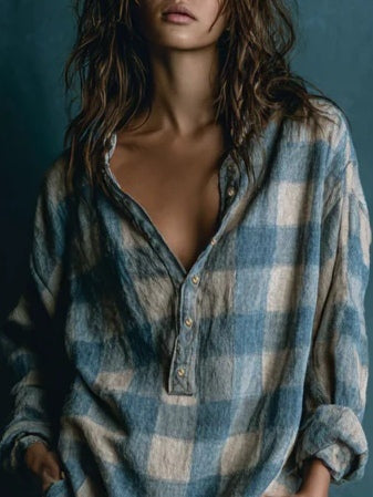 Ágnes | Hosszú Ujjú Kockás Mini Ruha Női Oversize Henley