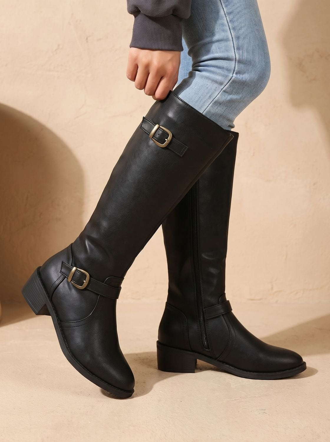 Alina | Chelsea Boots Damen Kniehohe Stiefel Blockabsatz Schnalle