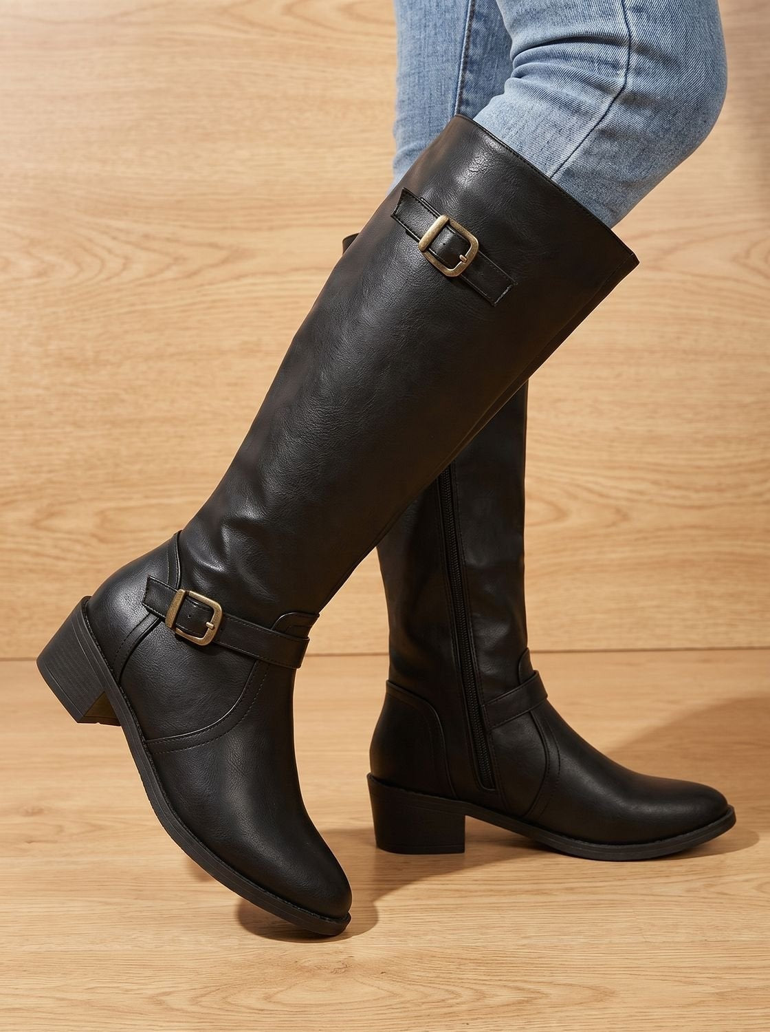 Alina | Chelsea Boots Damen Kniehohe Stiefel Blockabsatz Schnalle