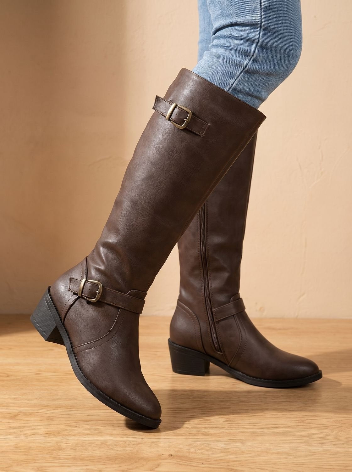 Alina | Chelsea Boots Damen Kniehohe Stiefel Blockabsatz Schnalle
