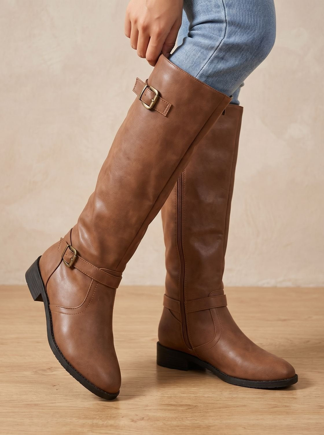 Alina | Chelsea Boots Damen Kniehohe Stiefel Blockabsatz Schnalle