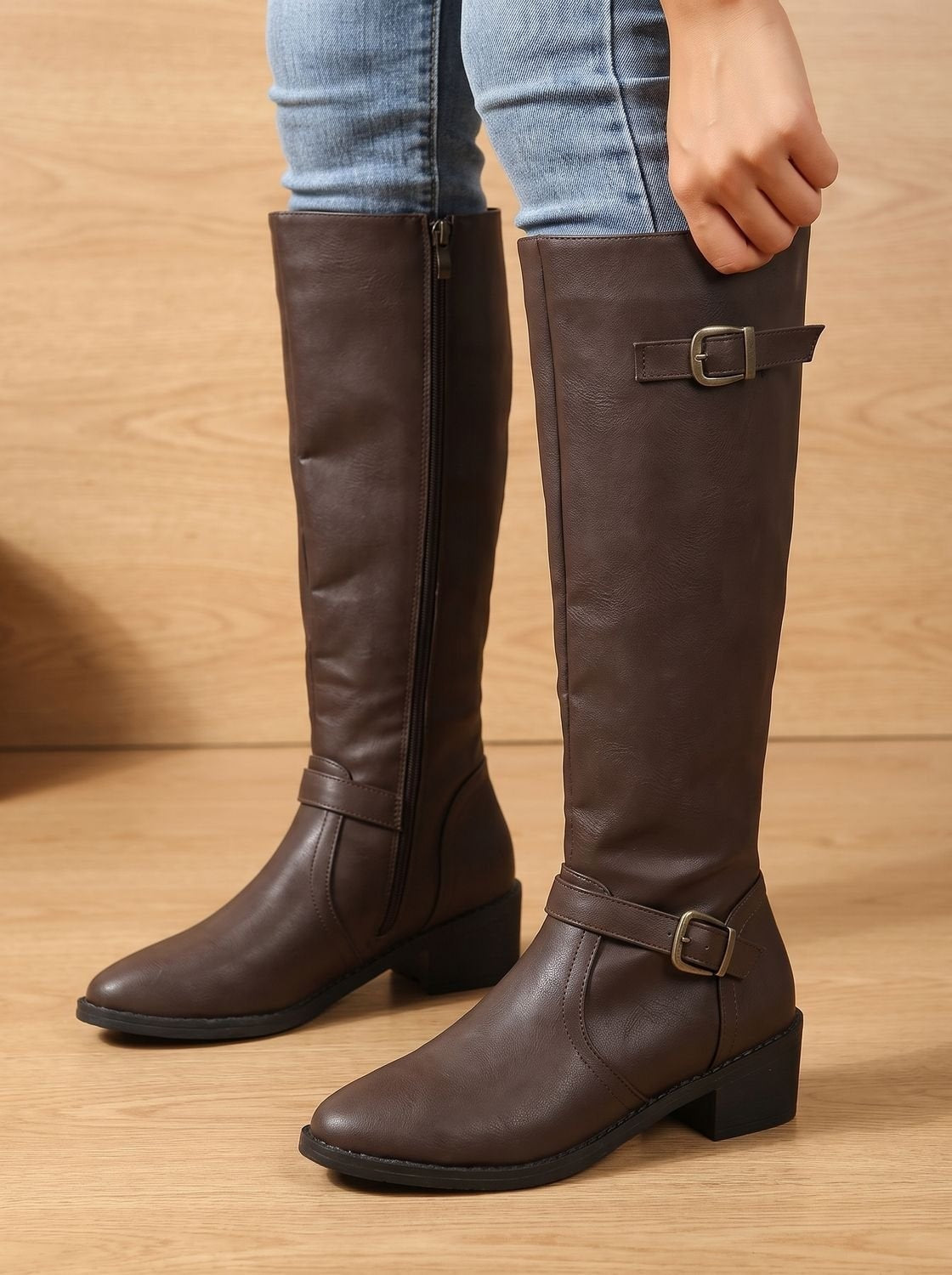 Alina | Chelsea Boots Damen Kniehohe Stiefel Blockabsatz Schnalle