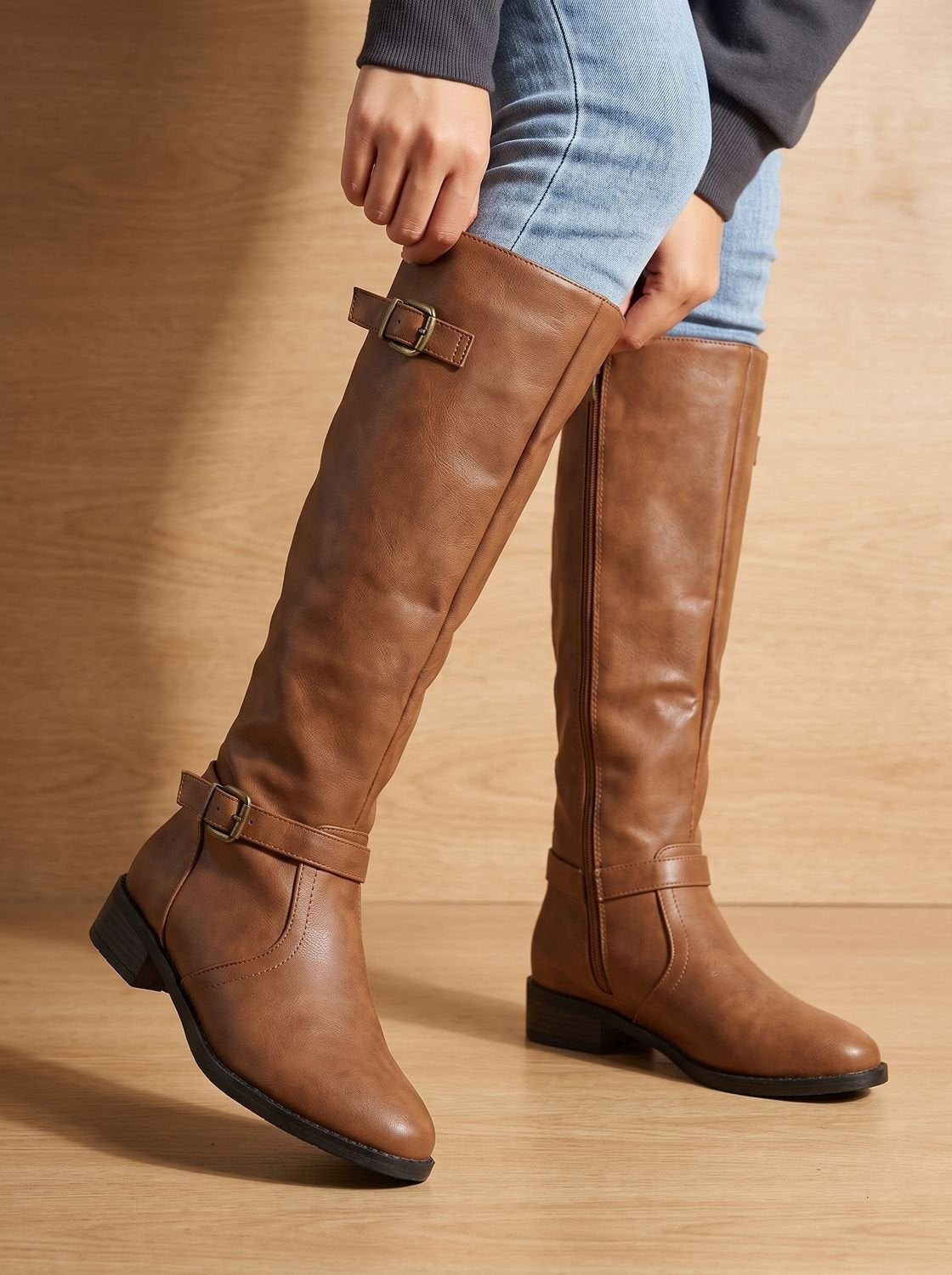 Alina | Chelsea Boots Damen Kniehohe Stiefel Blockabsatz Schnalle