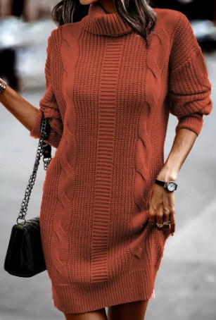 Alina | Strickkleid mit Rollkragen Damen Zopfmuster Langarm