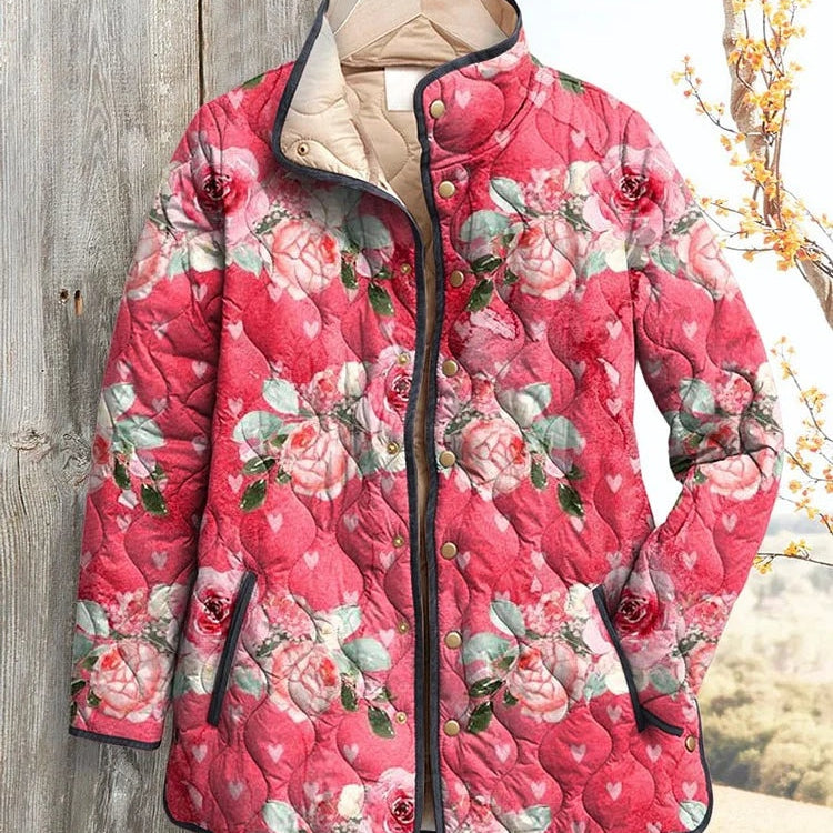 Amelie | Steppjacke Damen Blumenmuster Stehkragen Druckknöpfe