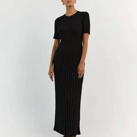 Amelie | Strickkleid Lang Damen Kurzarm Geripptes Maxikleid