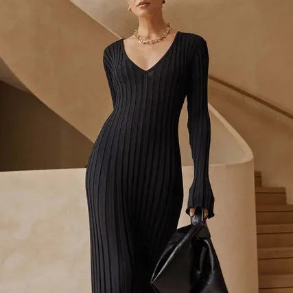 Amelie | Strickkleid Lang Damen Kurzarm Geripptes Maxikleid
