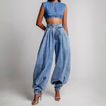 Anikó | Denim Ballon Nadrág Női Magas Derékú Pliszírozott