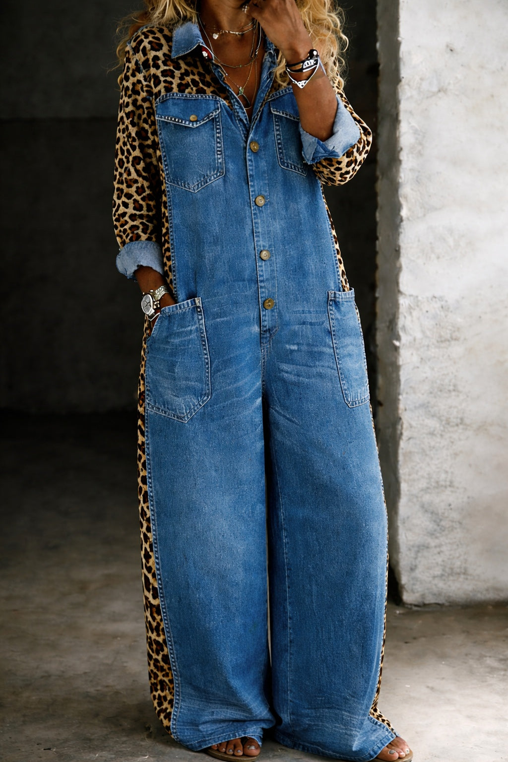 Anikó | Denim Overál Női Mintás Hosszú Ujjú