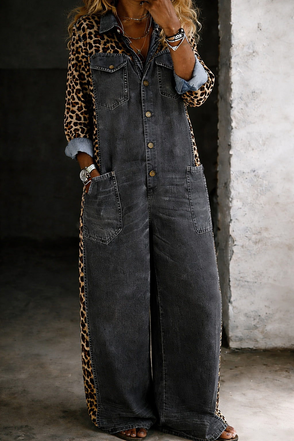 Anikó | Denim Overál Női Mintás Hosszú Ujjú
