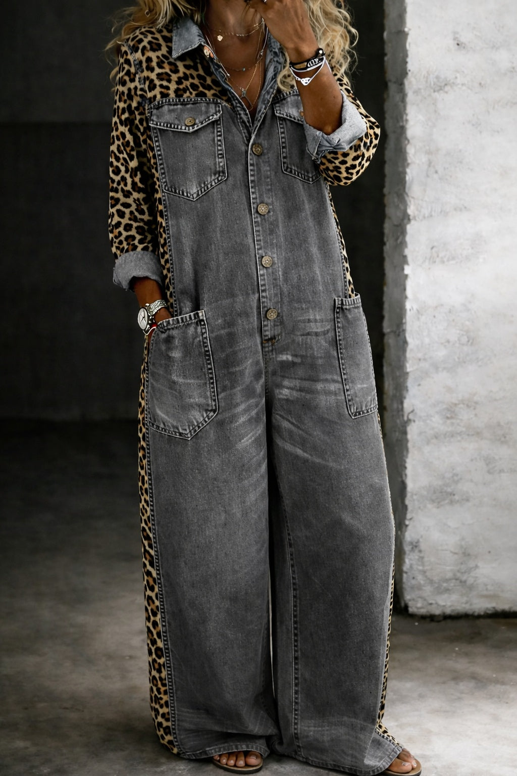 Anikó | Denim Overál Női Mintás Hosszú Ujjú