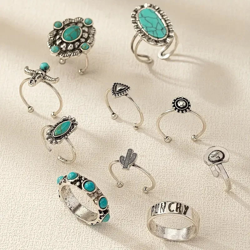 Anita | Boho Gyűrű Szett Női Türkiz Köves 10 Darabos