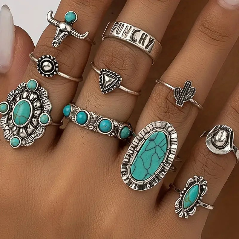 Anita | Boho Gyűrű Szett Női Türkiz Köves 10 Darabos