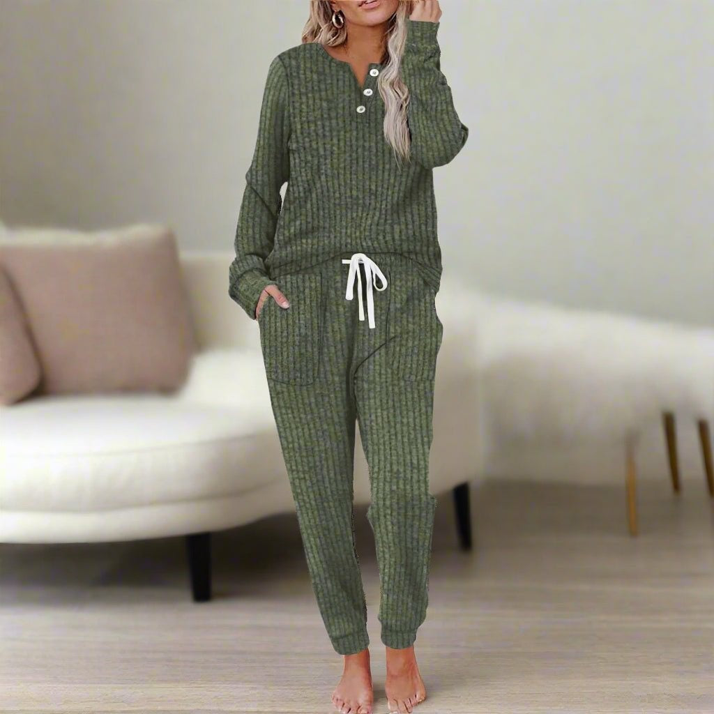 Anita | Női Melegítő Szett Bordázott Henley Hosszú Ujjú Jogger