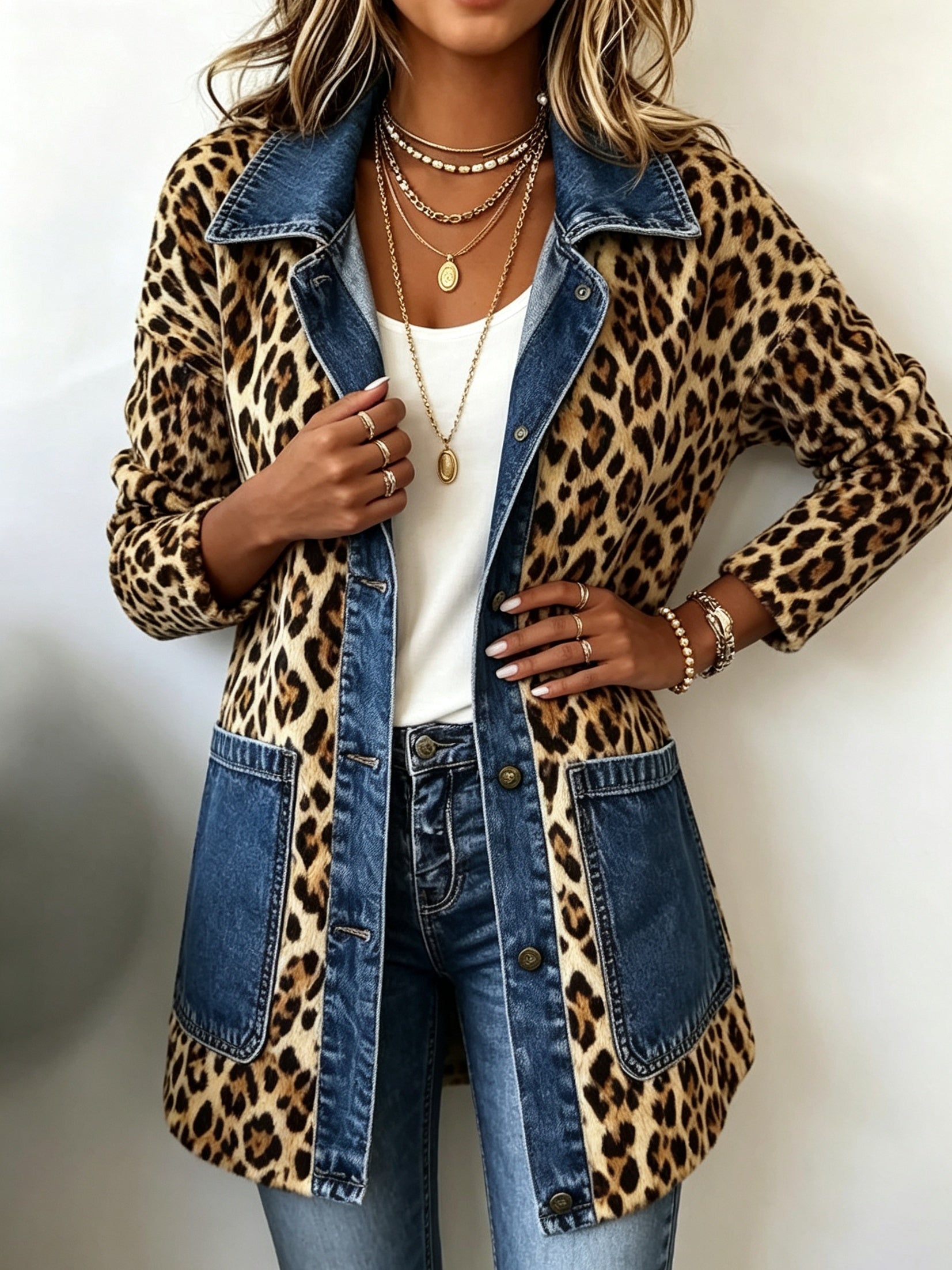 Antonia | Jeansjacke Damen Leoparden-Print Lang Druckknöpfe