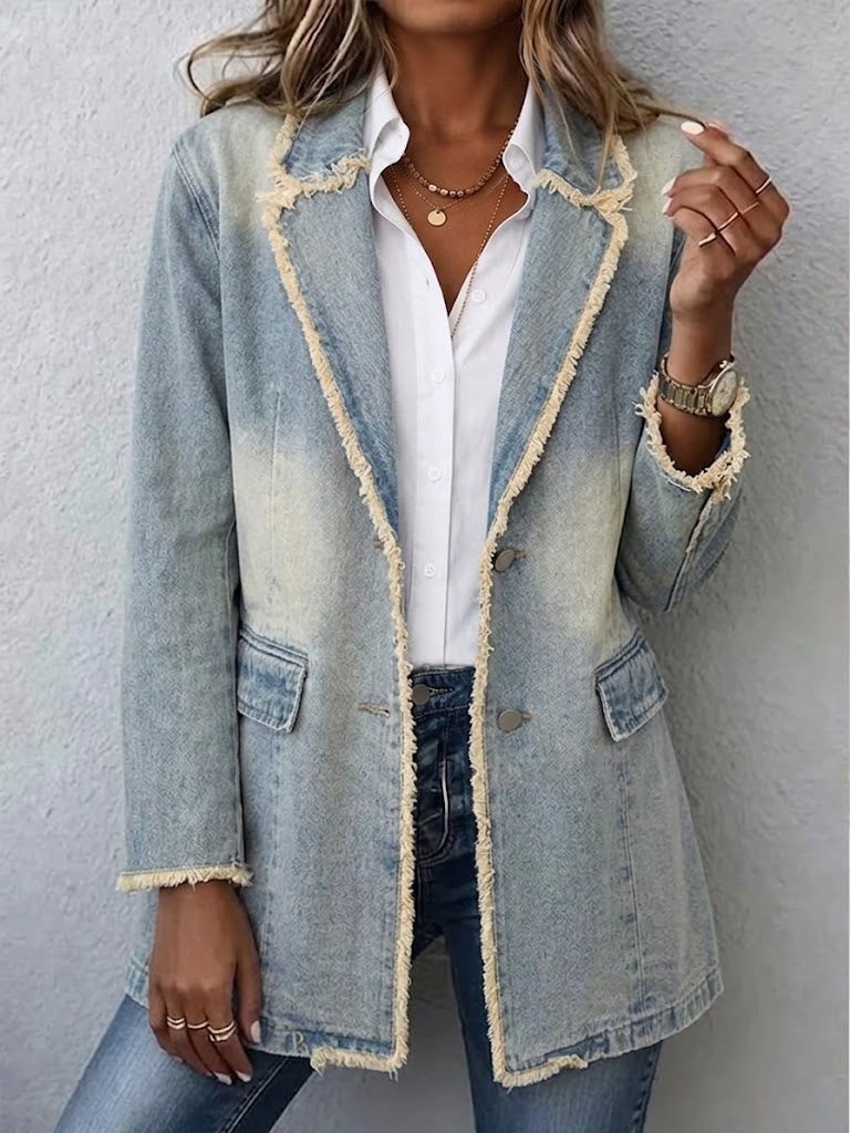 Antonia | Jeansjacke Damen Leoparden-Print Lang Druckknöpfe