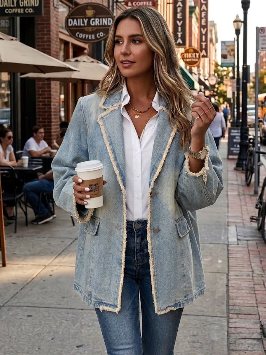 Antonia | Jeansjacke Damen Leoparden-Print Lang Druckknöpfe
